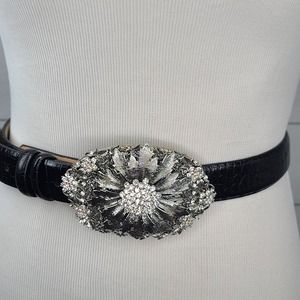 Cowgirl Belt Rhinestone Buckle 36 Black Calfskin Leather Western Lauren Hampton